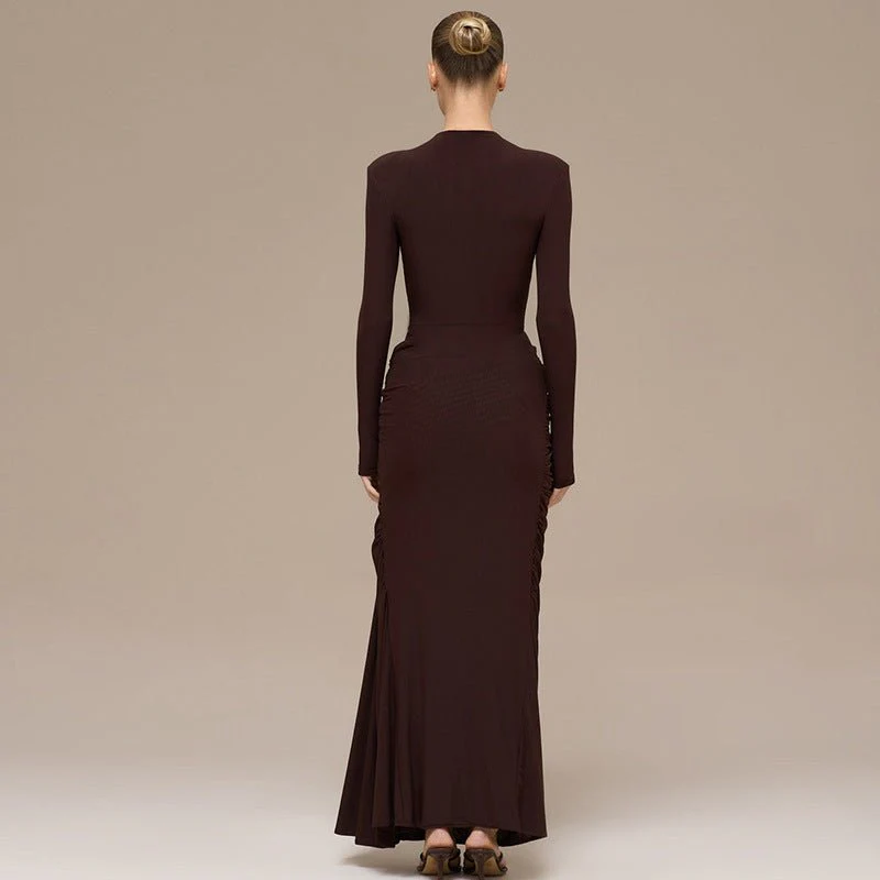 Ruched Bodycon Gown with Metal Hardware | High Neck Modal Maxi Dress(MS233) - Image 6