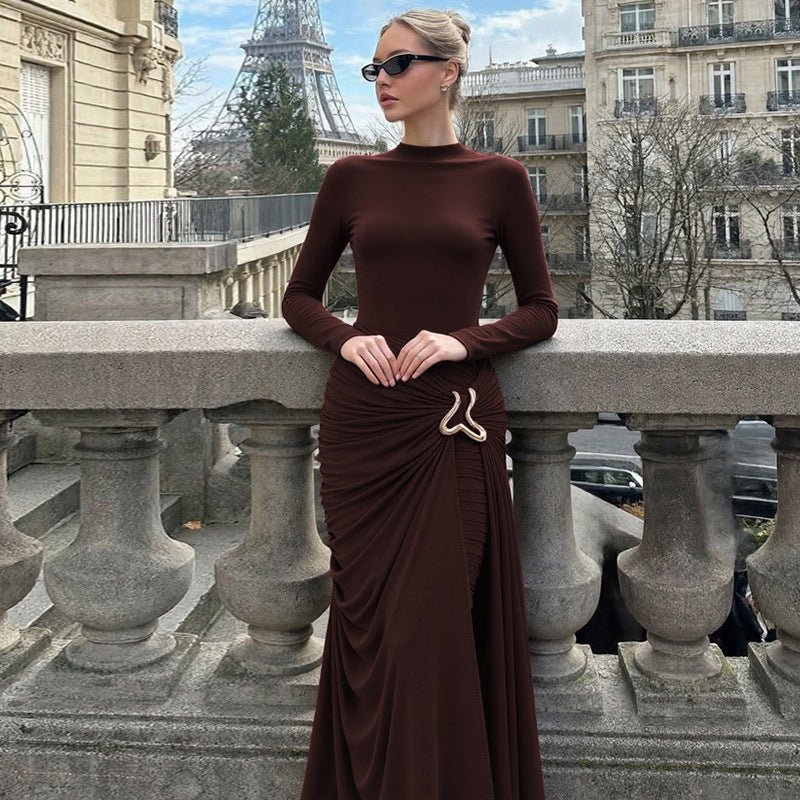 Ruched Bodycon Gown with Metal Hardware | High Neck Modal Maxi Dress(MS233) - Image 7
