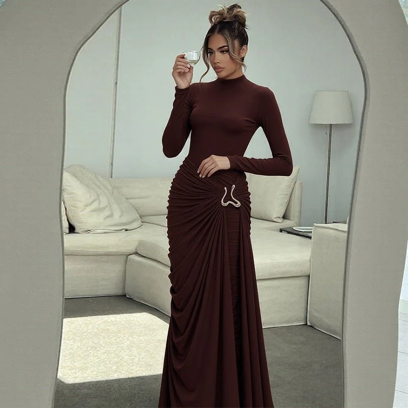 Ruched Bodycon Gown with Metal Hardware | High Neck Modal Maxi Dress(MS233) - Image 8