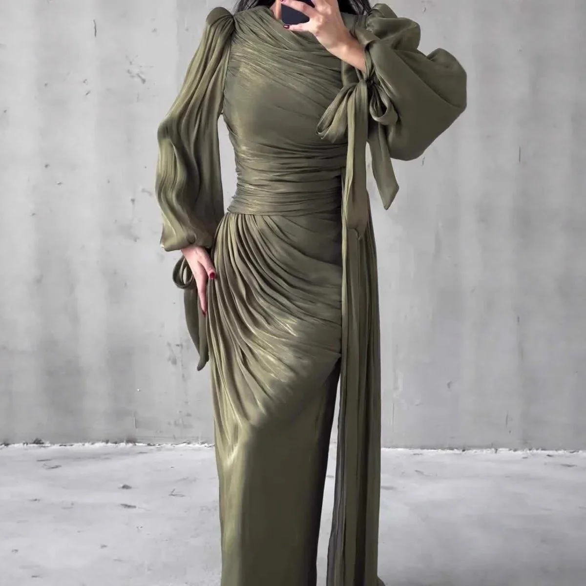 Ruched Evening Dress | Puff Sleeve Bodycon Maxi Dress(MS280) - Image 2