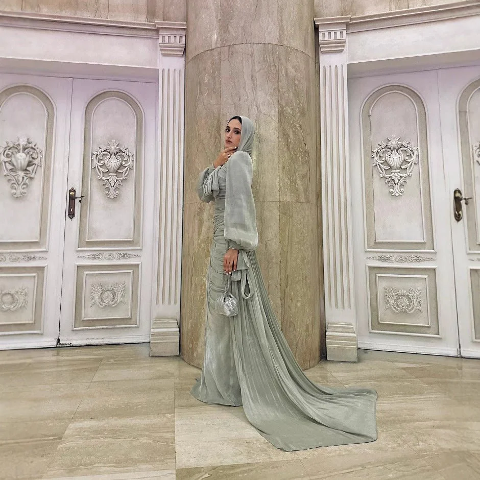 Ruched Evening Dress | Puff Sleeve Bodycon Maxi Dress(MS280) - Image 3