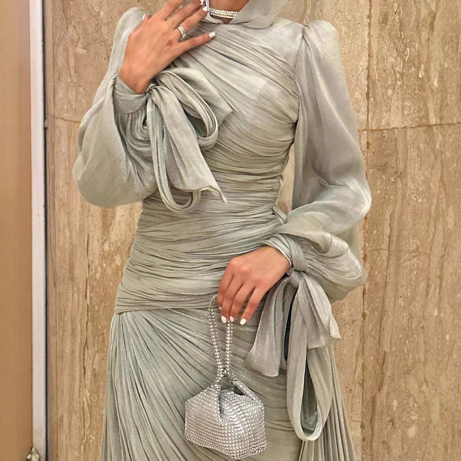 Ruched Evening Dress | Puff Sleeve Bodycon Maxi Dress(MS280) - Image 4