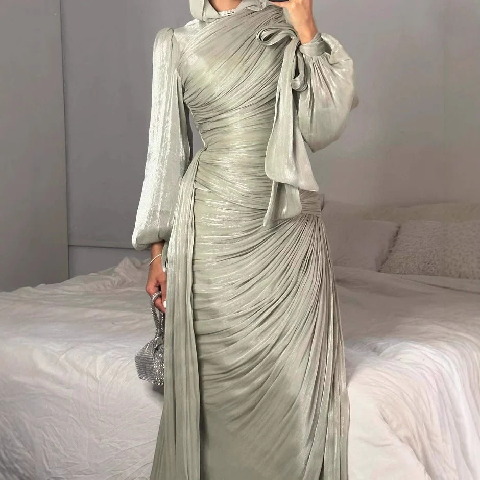 Ruched Evening Dress | Puff Sleeve Bodycon Maxi Dress(MS280) - Image 5
