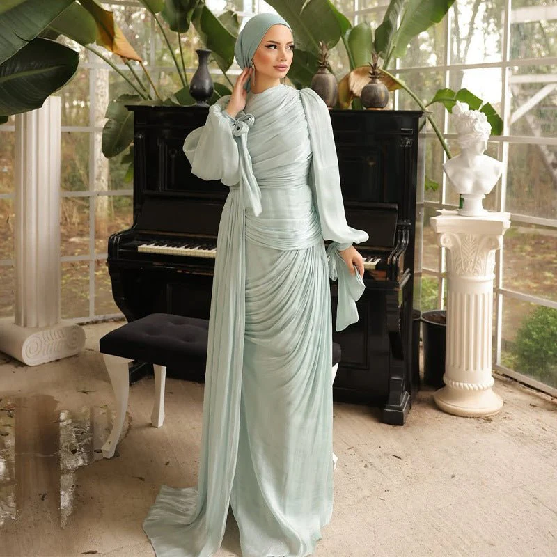 Ruched Evening Dress | Puff Sleeve Bodycon Maxi Dress(MS280) - Image 6