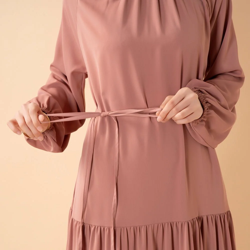 Ruffle Trim Pleated Relaxed Maxi Dress with Waist Tie(MA424) - Image 10