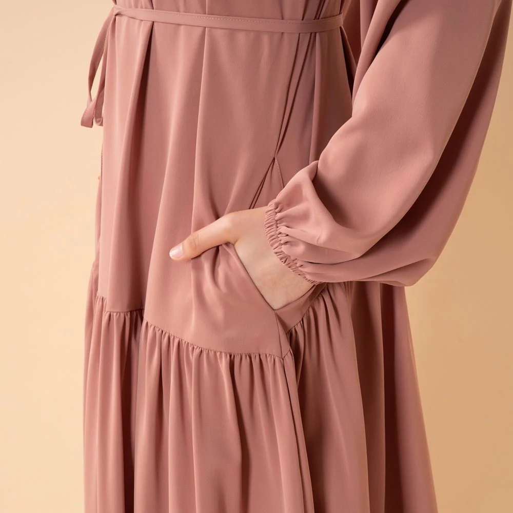 Ruffle Trim Pleated Relaxed Maxi Dress with Waist Tie(MA424) - Image 11