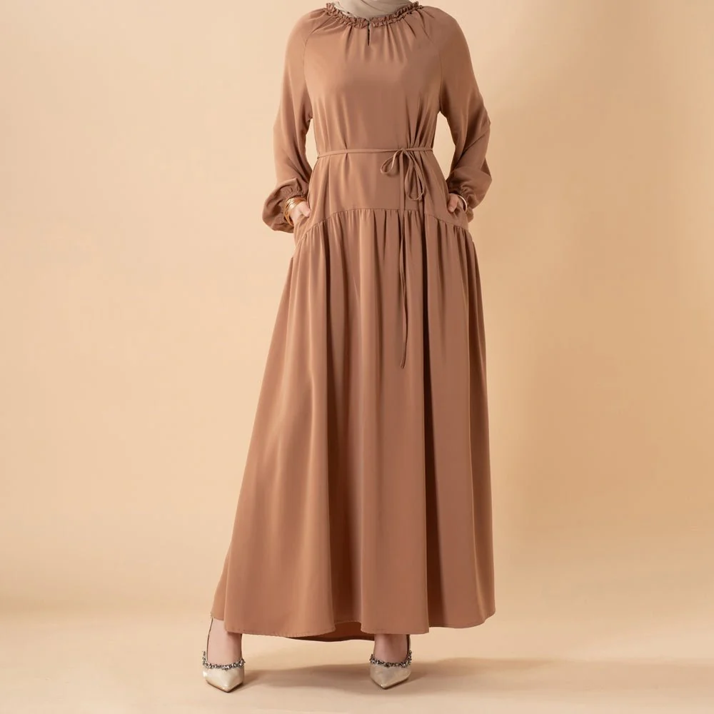Ruffle Trim Pleated Relaxed Maxi Dress with Waist Tie(MA424) - Image 12