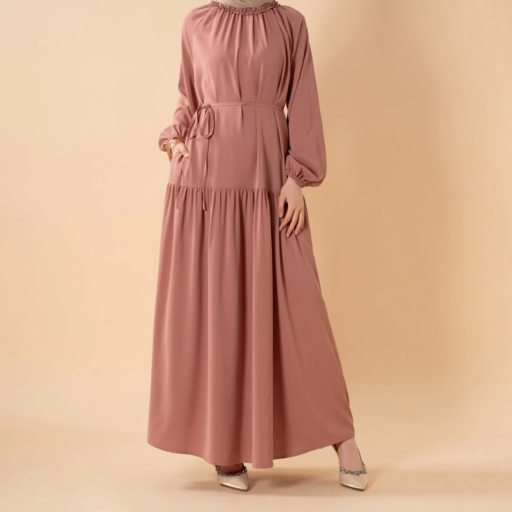 Ruffle Trim Pleated Relaxed Maxi Dress with Waist Tie(MA424) - Image 2