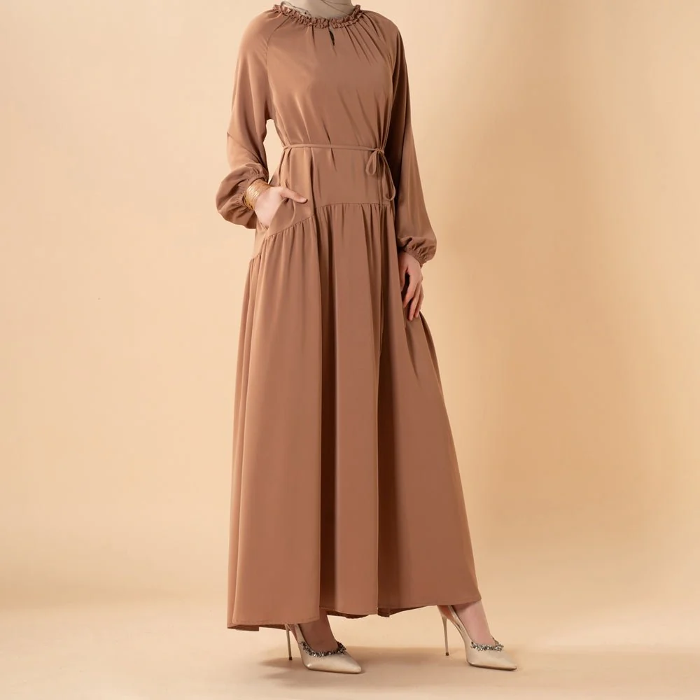 Ruffle Trim Pleated Relaxed Maxi Dress with Waist Tie(MA424) - Image 3