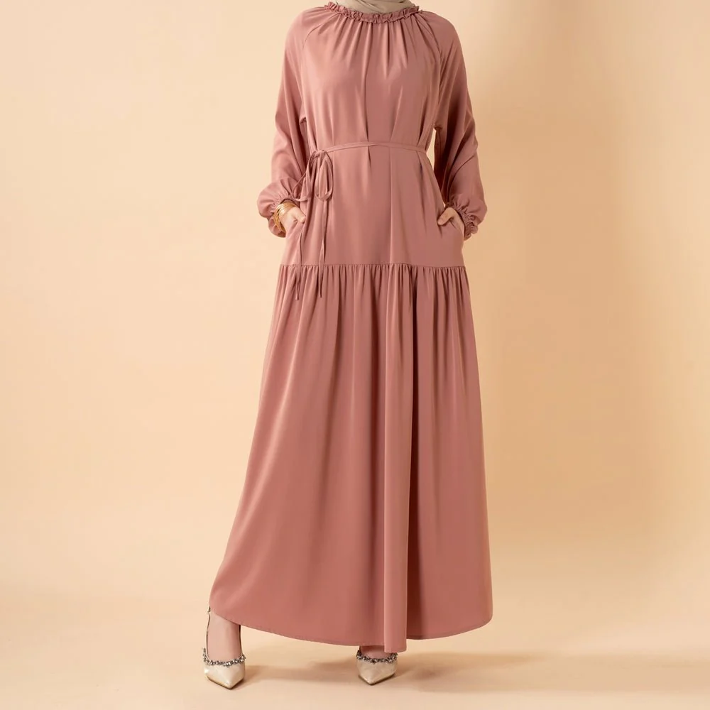 Ruffle Trim Pleated Relaxed Maxi Dress with Waist Tie(MA424) - Image 7