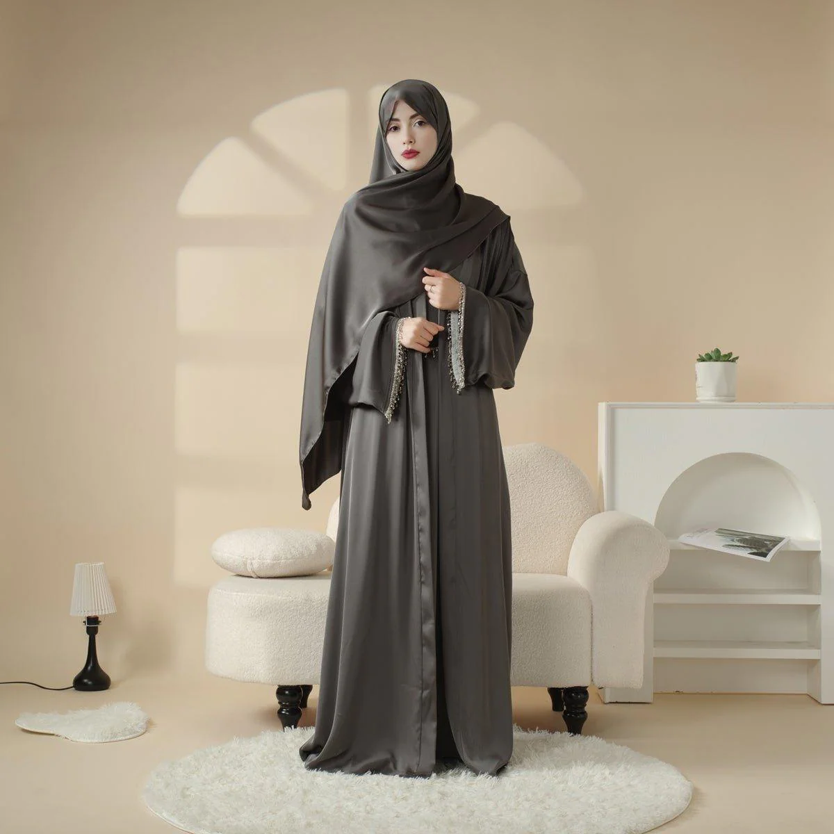 Satin Abaya With Matching Belt Made Of Diamond Tassel (MOA010) - Image 10