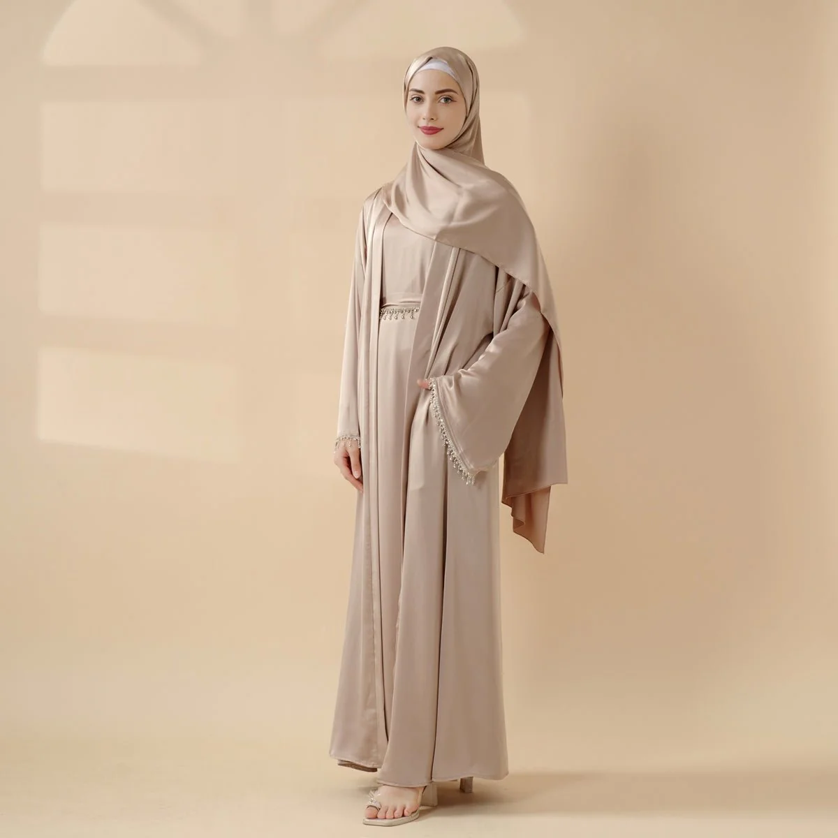 Satin Abaya With Matching Belt Made Of Diamond Tassel (MOA010) - Image 5