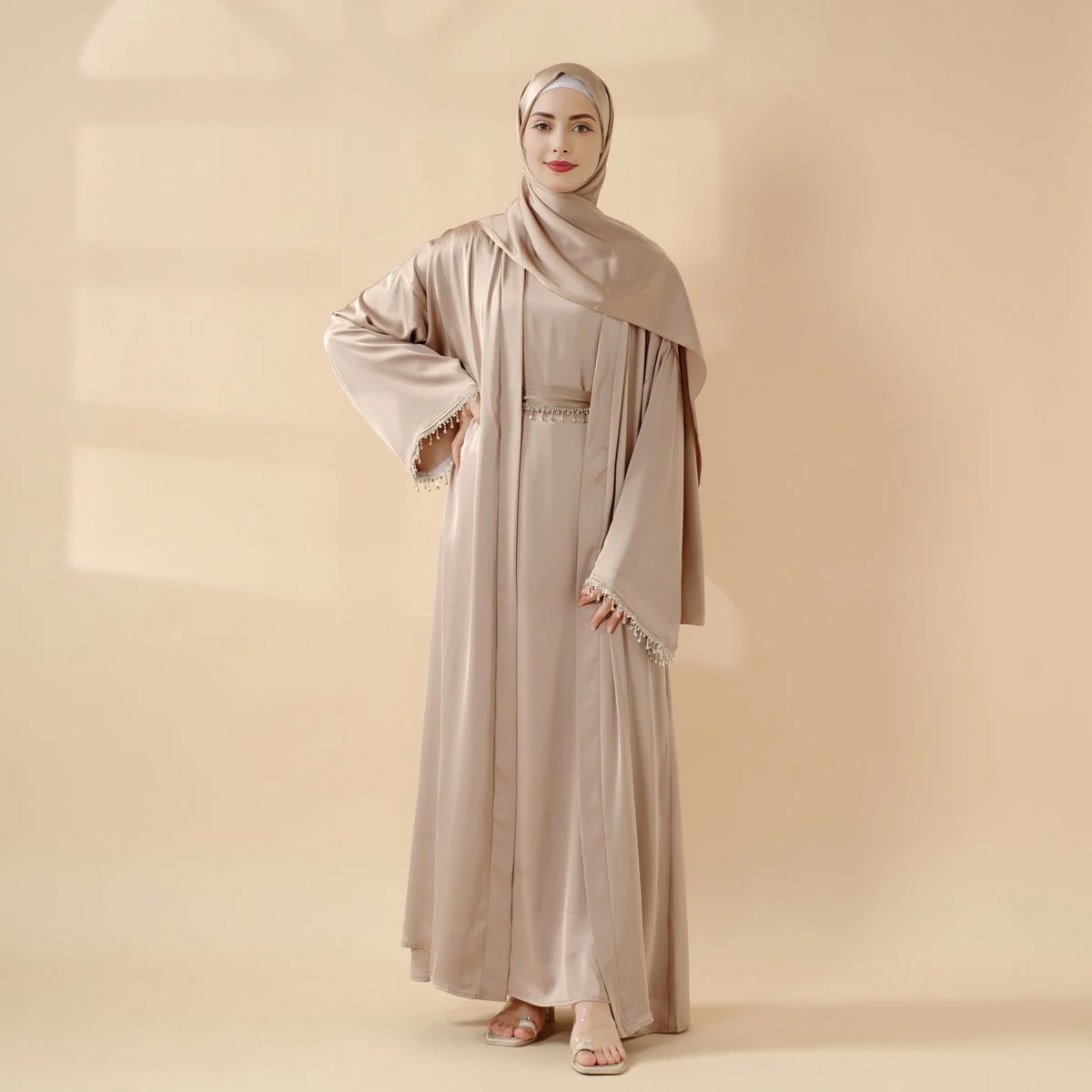 Satin Abaya With Matching Belt Made Of Diamond Tassel (MOA010) - Image 6