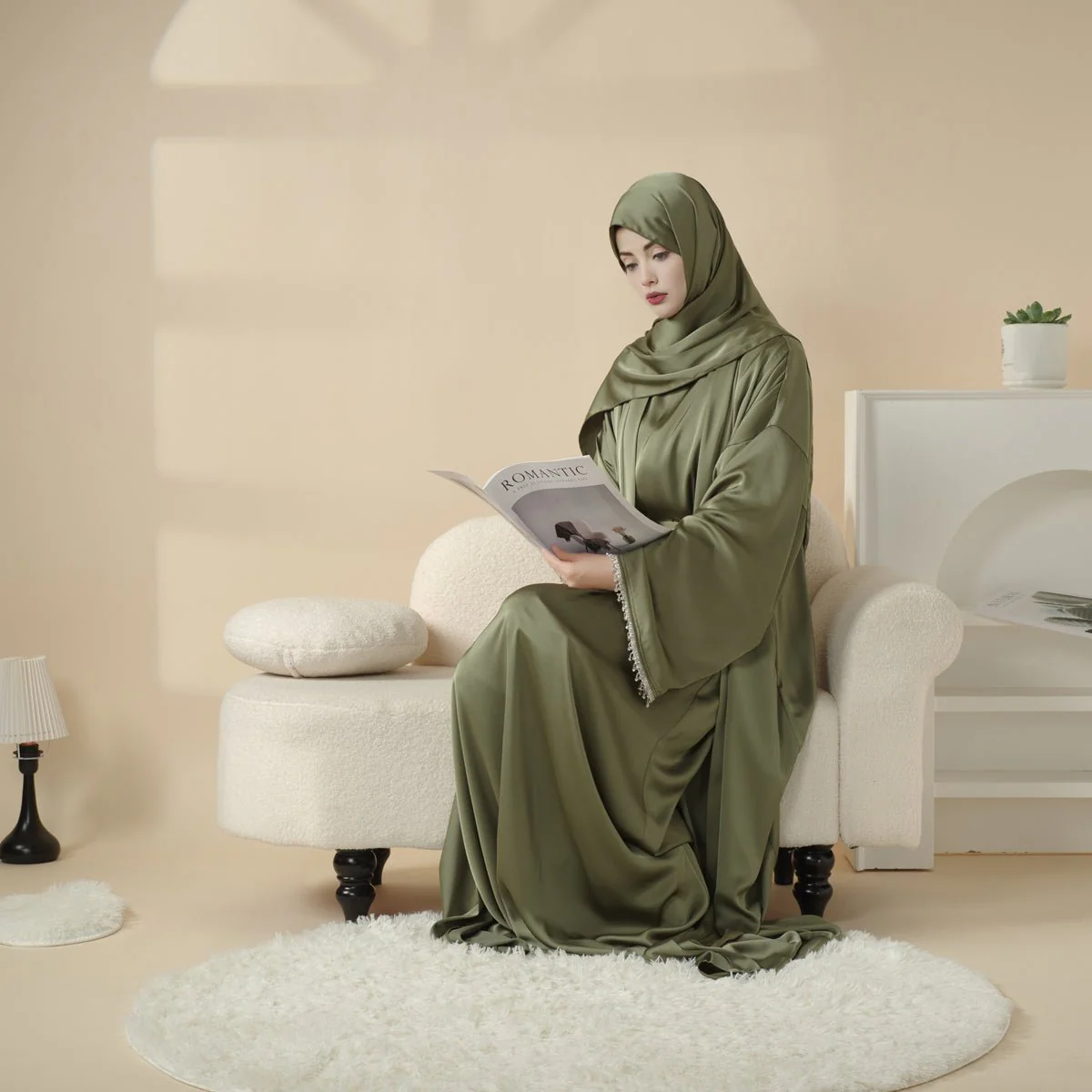 Satin Abaya With Matching Belt Made Of Diamond Tassel (MOA010) - Image 9