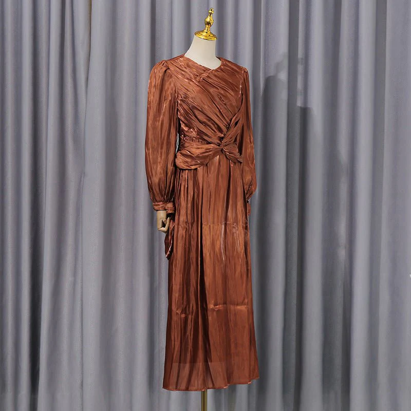 Satin Diagonal Pleat Dress with Bow Waist(MS324) - Image 3