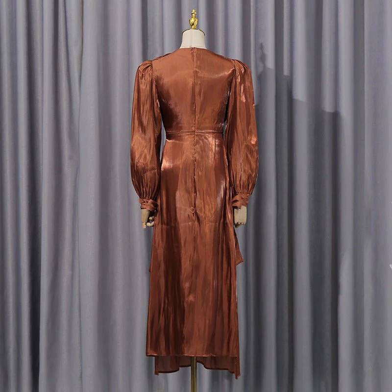 Satin Diagonal Pleat Dress with Bow Waist(MS324) - Image 4