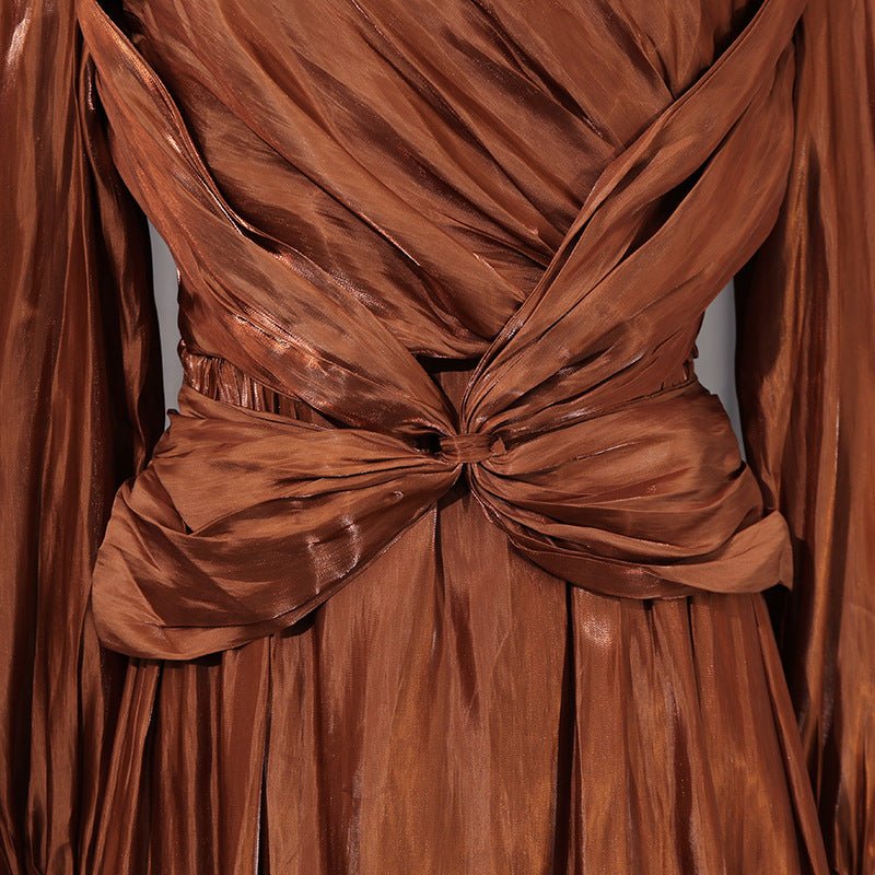 Satin Diagonal Pleat Dress with Bow Waist(MS324) - Image 6