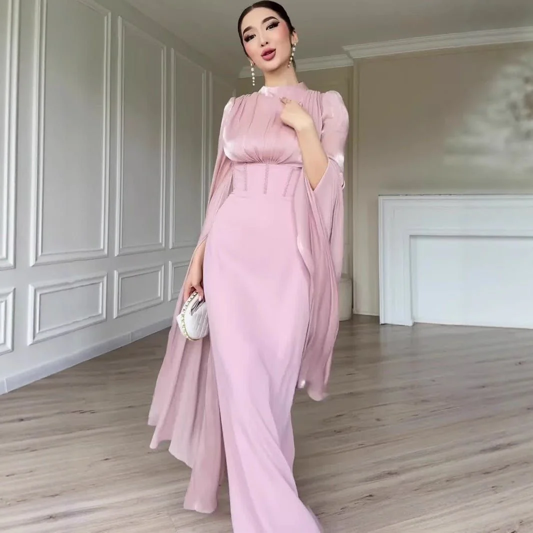 Satin Dress with Corset Back & Cape Sleeves (MS344)
