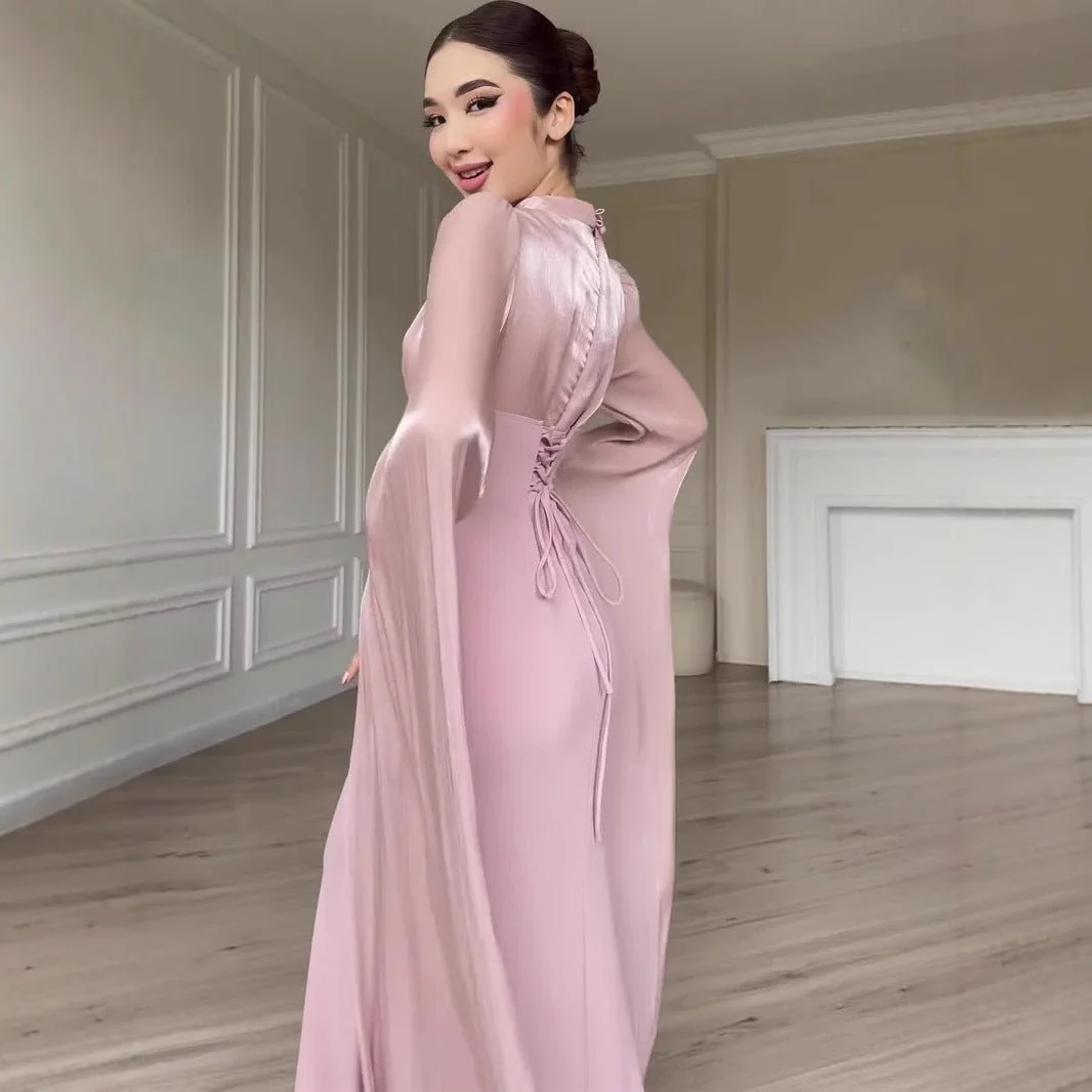 Satin Dress with Corset Back & Cape Sleeves (MS344) - Image 2