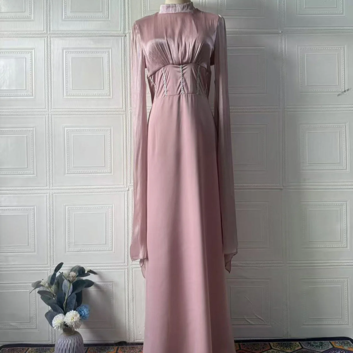 Satin Dress with Corset Back & Cape Sleeves (MS344) - Image 5