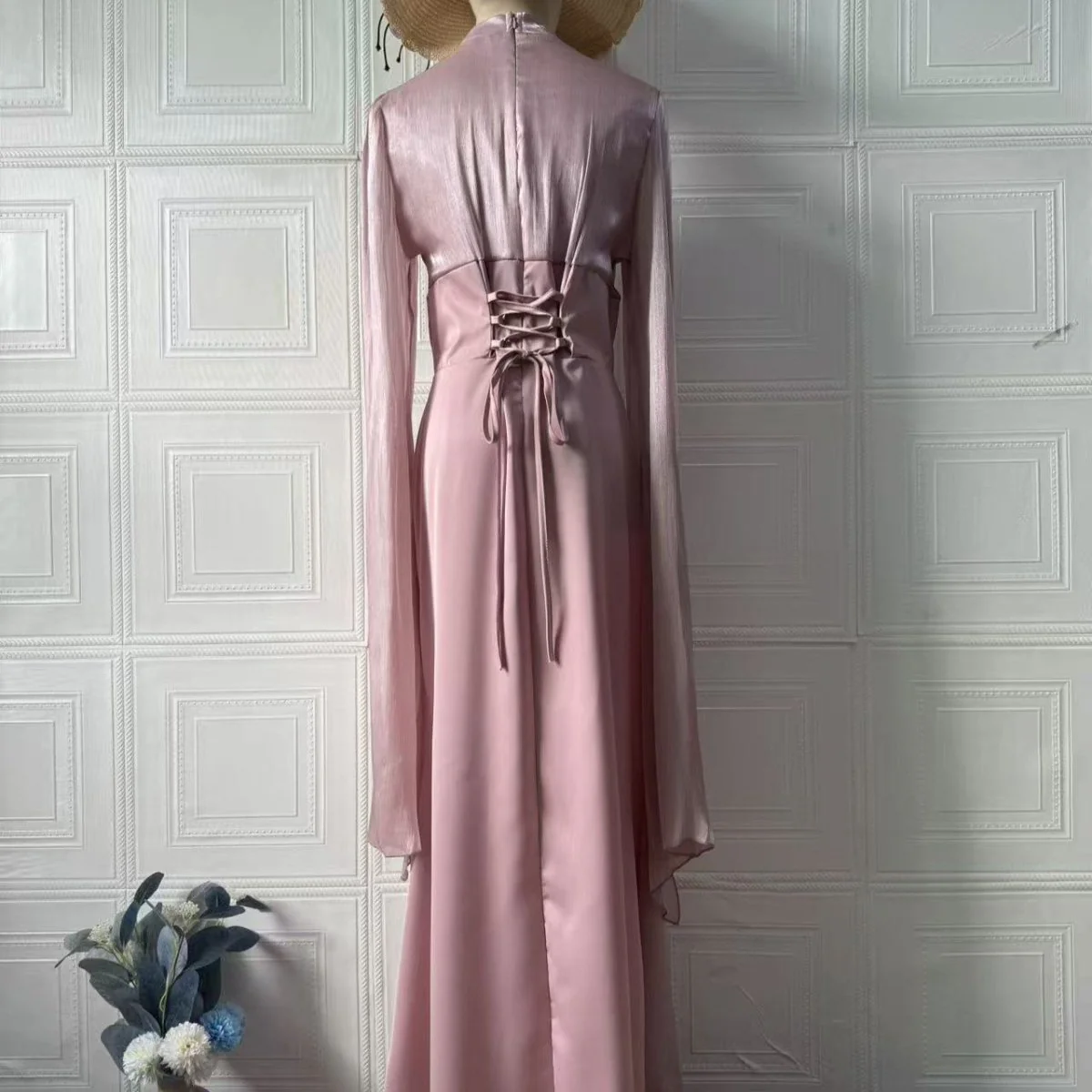 Satin Dress with Corset Back & Cape Sleeves (MS344) - Image 6