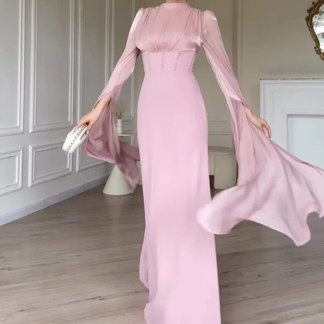 Satin Dress with Corset Back & Cape Sleeves (MS344) - Image 9