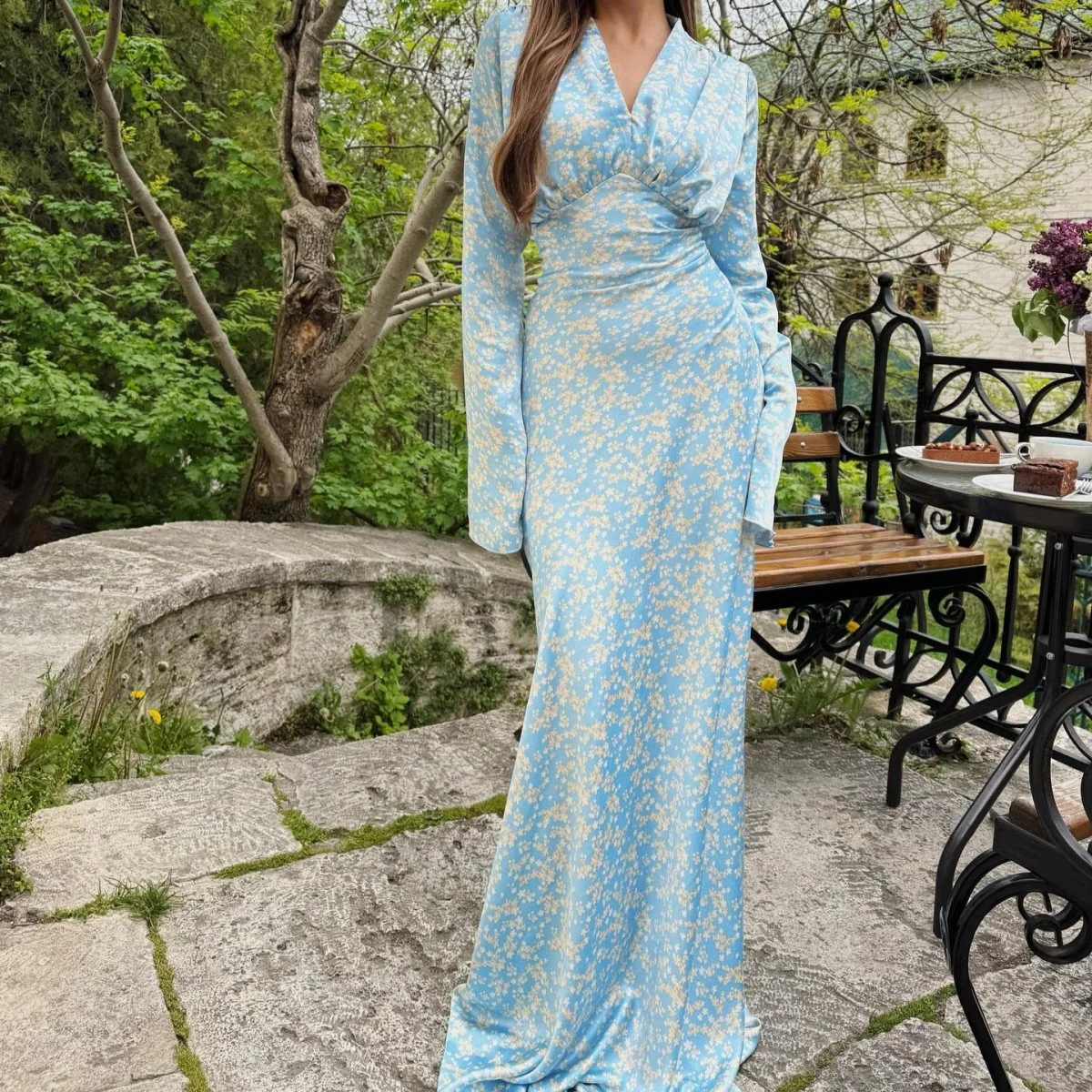 Satin Floral Print V-Neck Maxi Dress(MS378) - Image 3