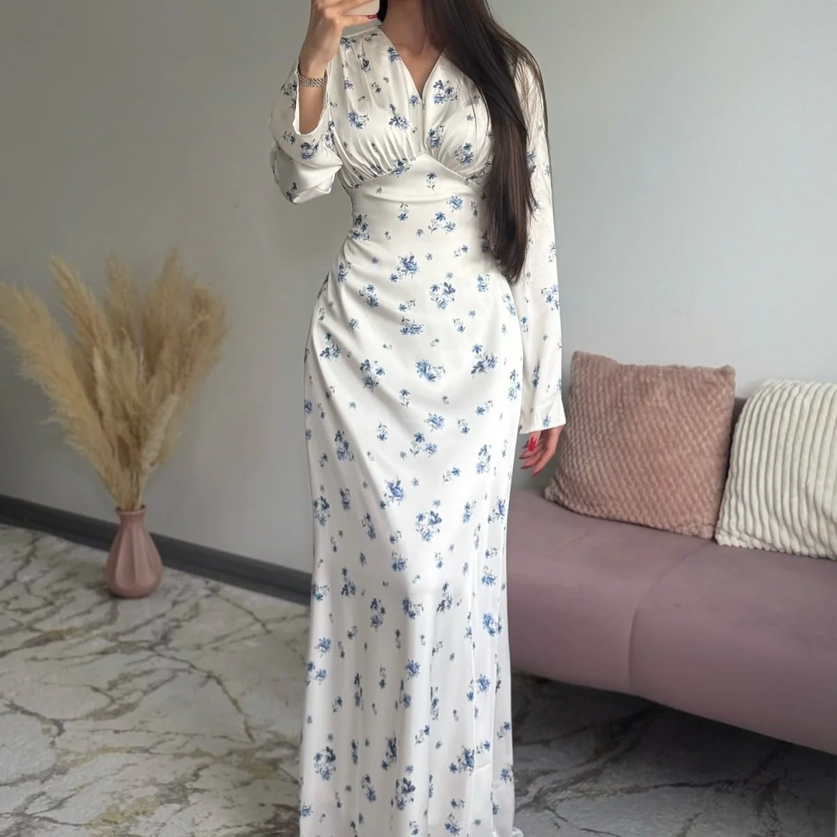 Satin Floral Print V-Neck Maxi Dress(MS378) - Image 4