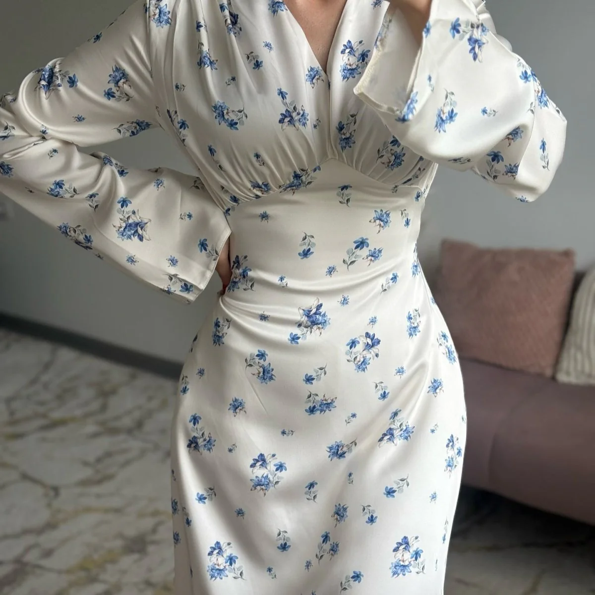 Satin Floral Print V-Neck Maxi Dress(MS378) - Image 5