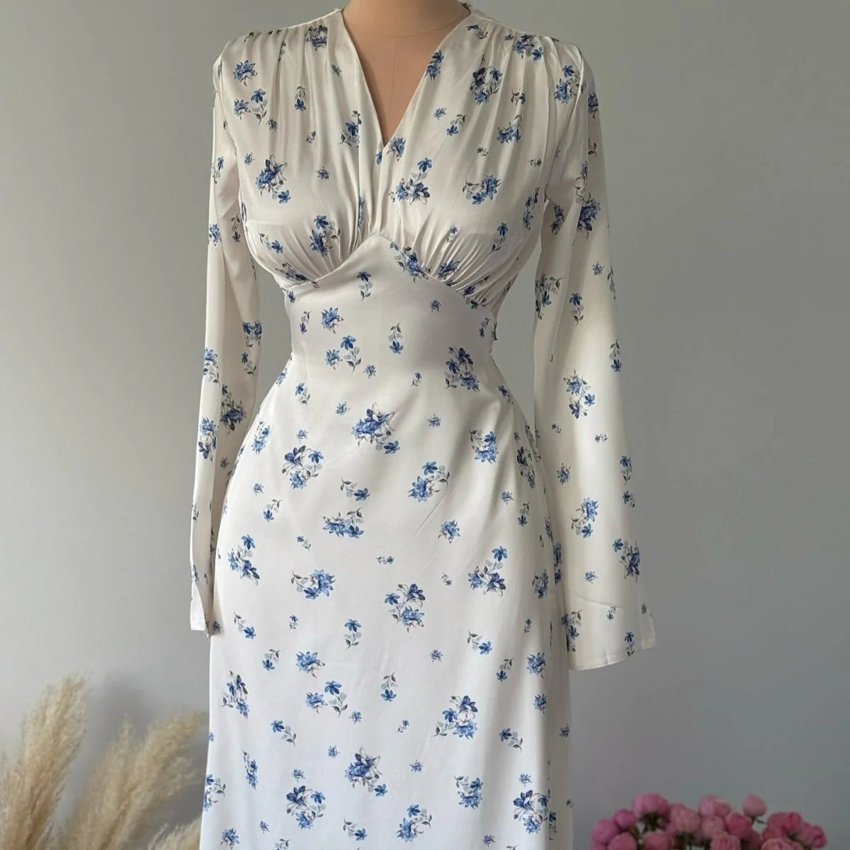 Satin Floral Print V-Neck Maxi Dress(MS378) - Image 6