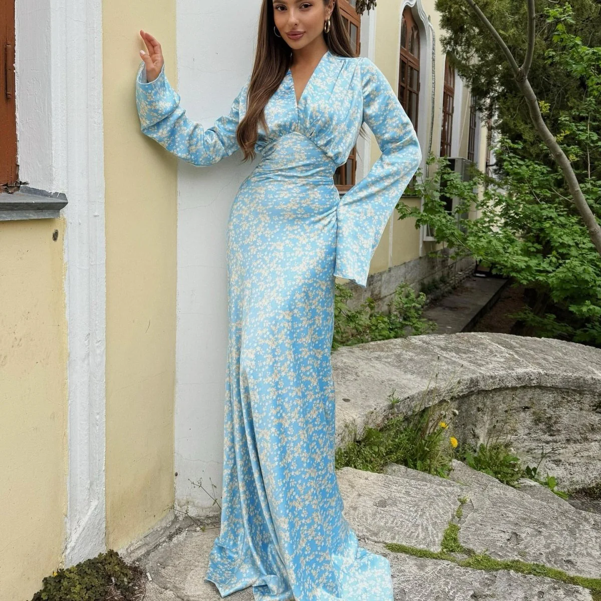 Satin Floral Print V-Neck Maxi Dress(MS378) - Image 8