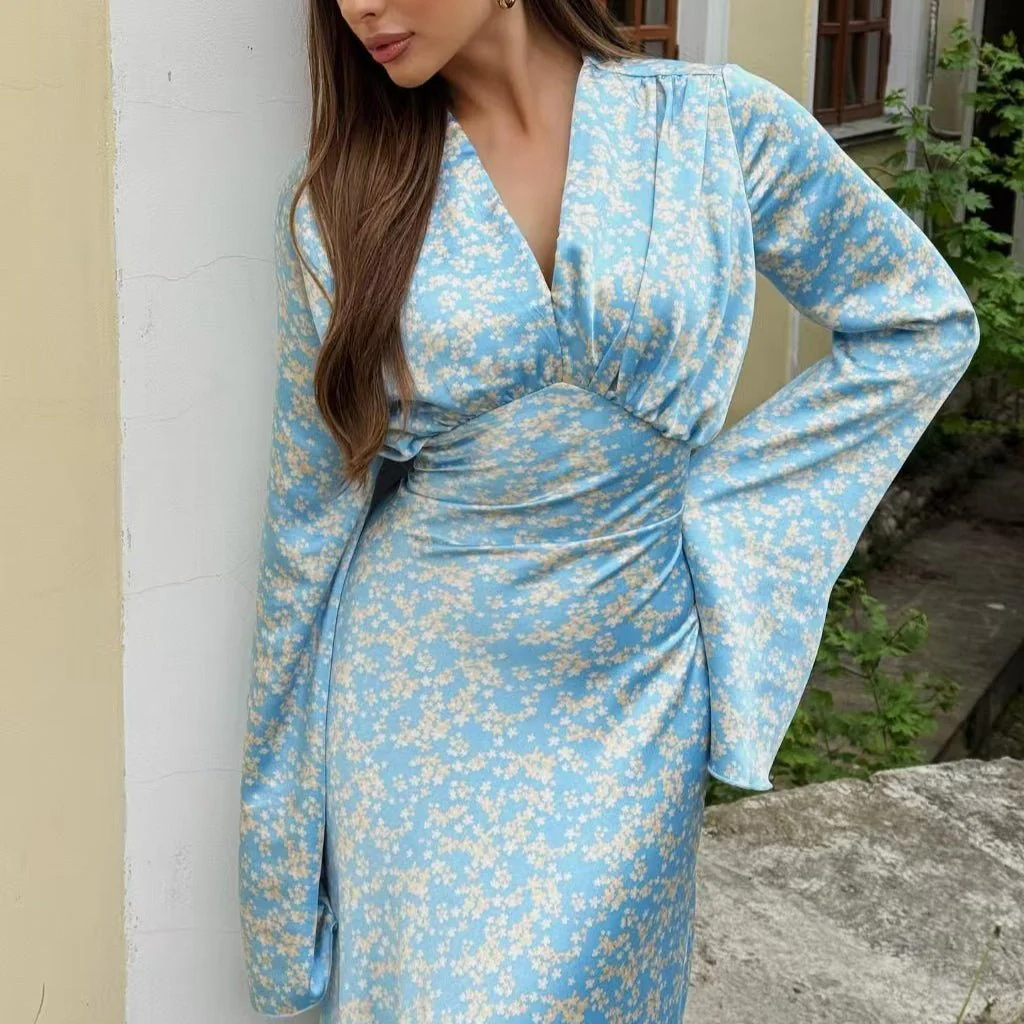 Satin Floral Print V-Neck Maxi Dress(MS378) - Image 9