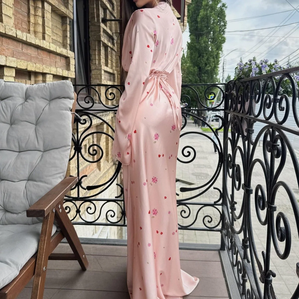 Satin Floral Print Wrap Dress(MS377) - Image 6