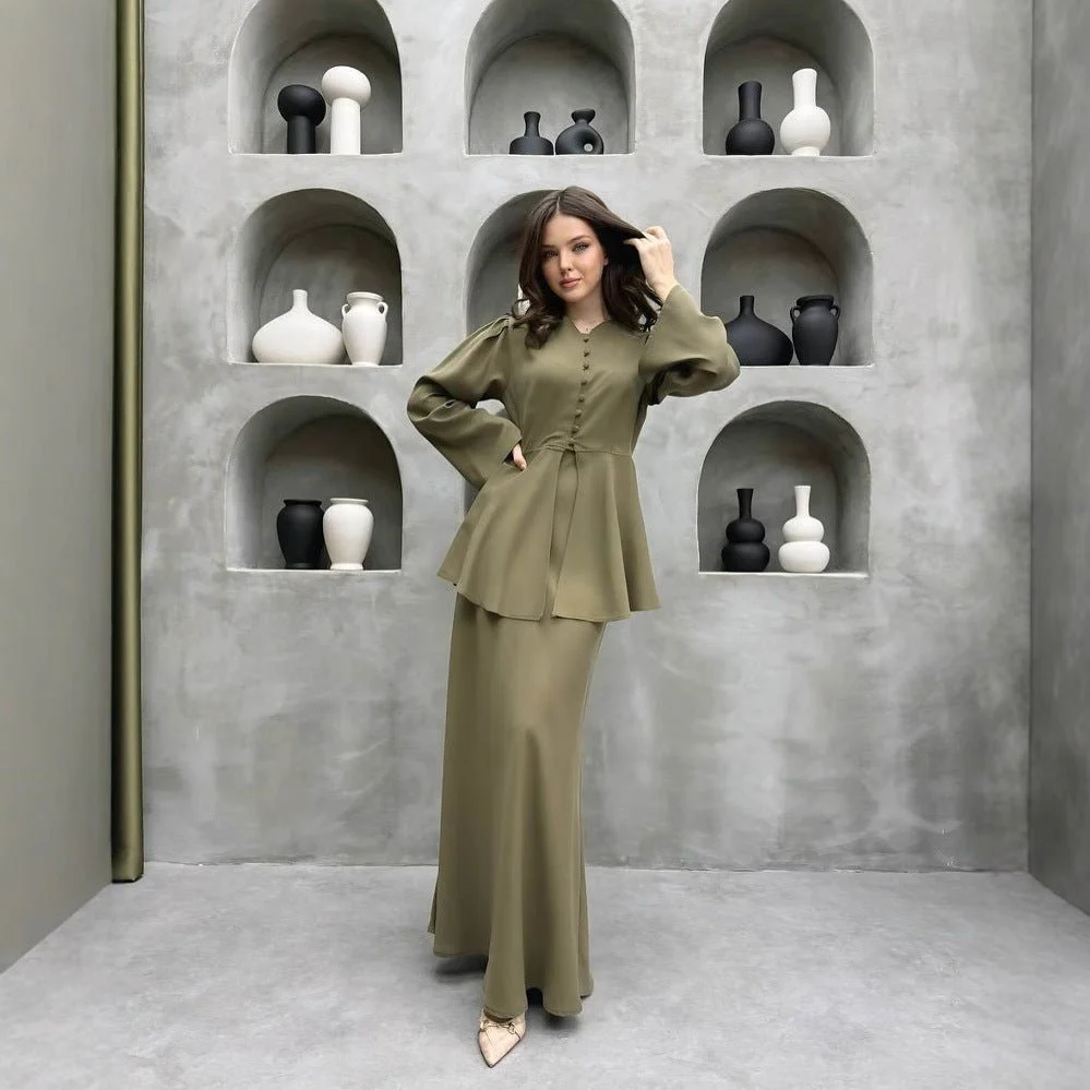 Satin Peplum Top & Skirt Set | Bell Sleeve Two-Piece Outfit(MS229)