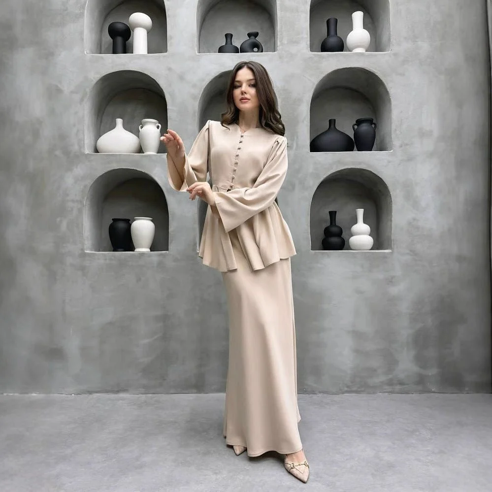 Satin Peplum Top & Skirt Set | Bell Sleeve Two-Piece Outfit(MS229) - Image 2