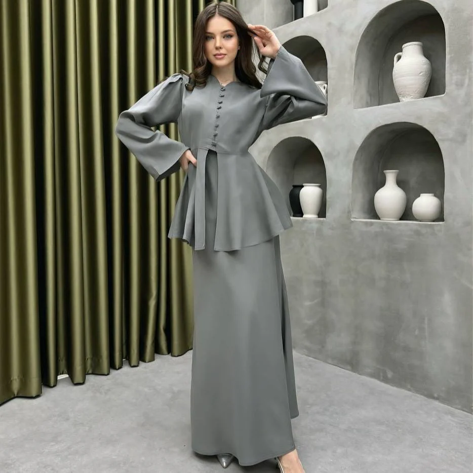Satin Peplum Top & Skirt Set | Bell Sleeve Two-Piece Outfit(MS229) - Image 3