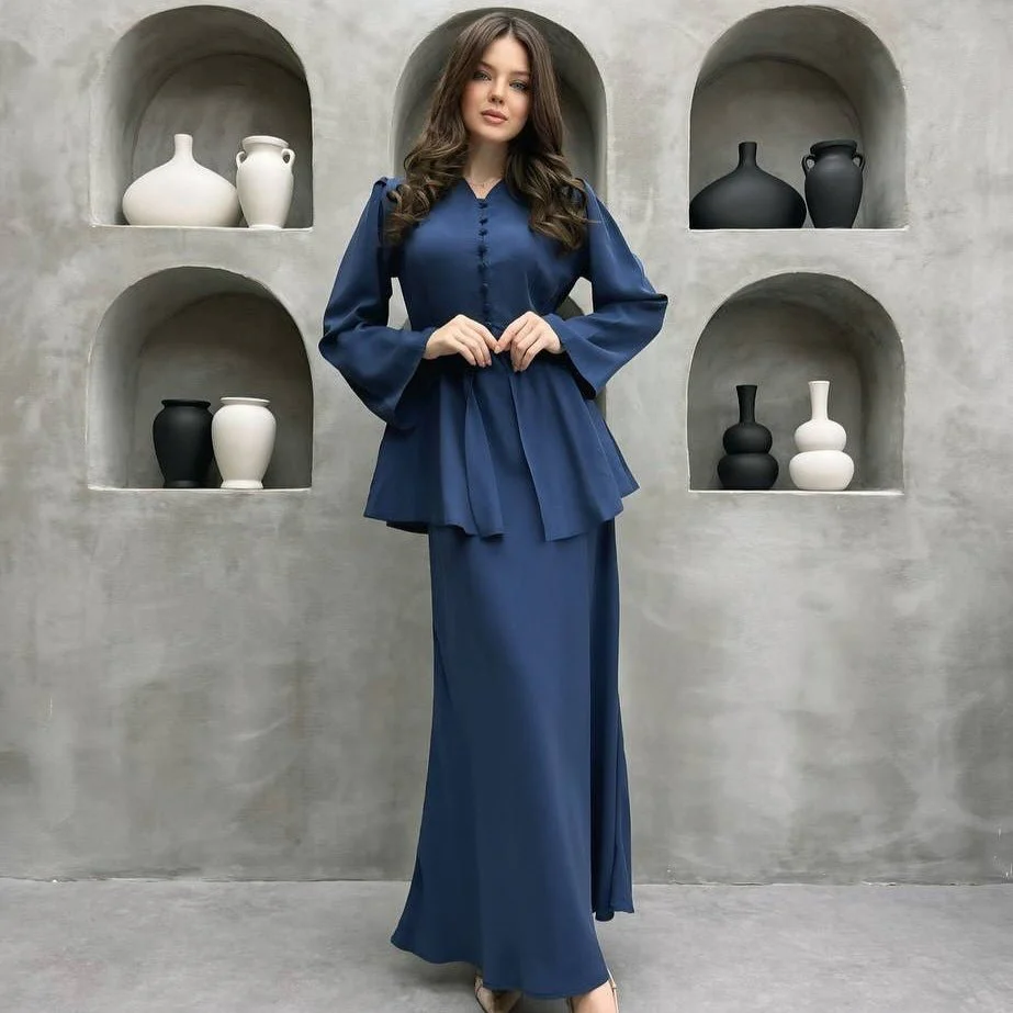 Satin Peplum Top & Skirt Set | Bell Sleeve Two-Piece Outfit(MS229) - Image 4
