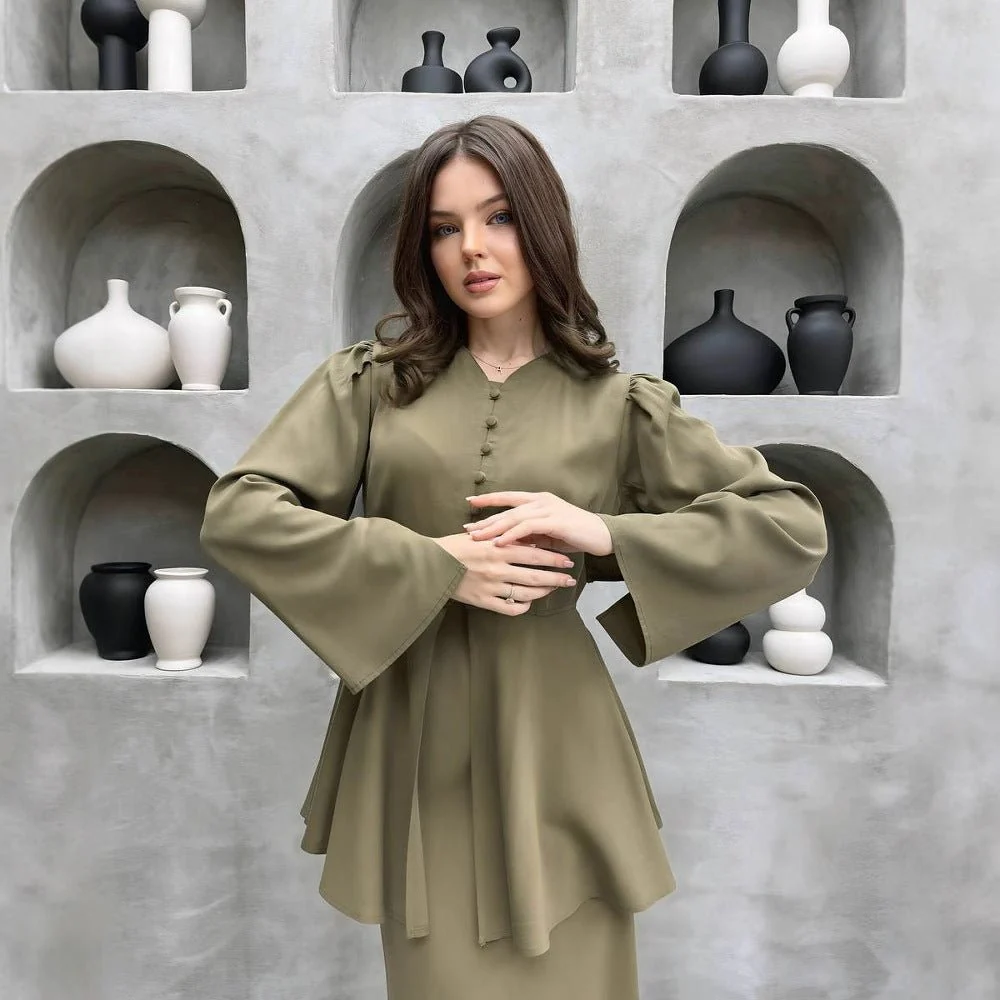 Satin Peplum Top & Skirt Set | Bell Sleeve Two-Piece Outfit(MS229) - Image 6