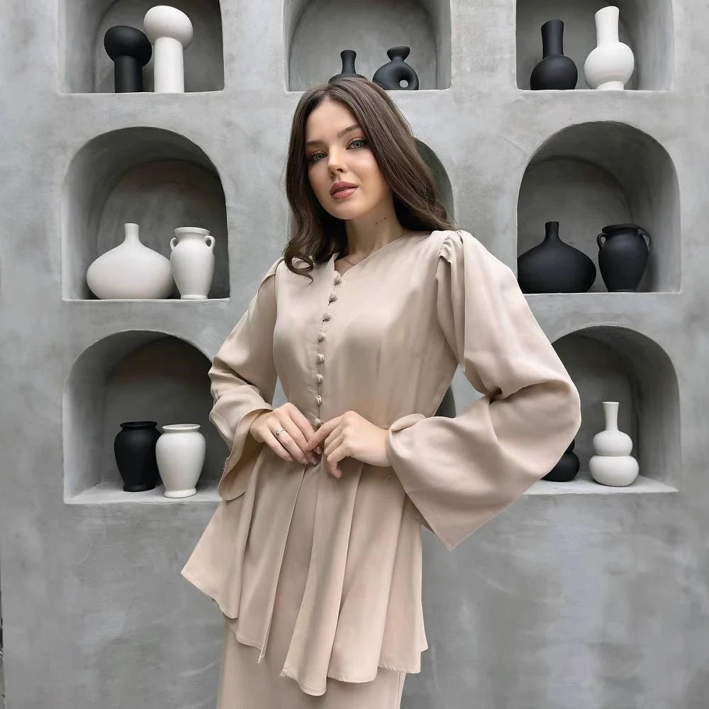 Satin Peplum Top & Skirt Set | Bell Sleeve Two-Piece Outfit(MS229) - Image 7