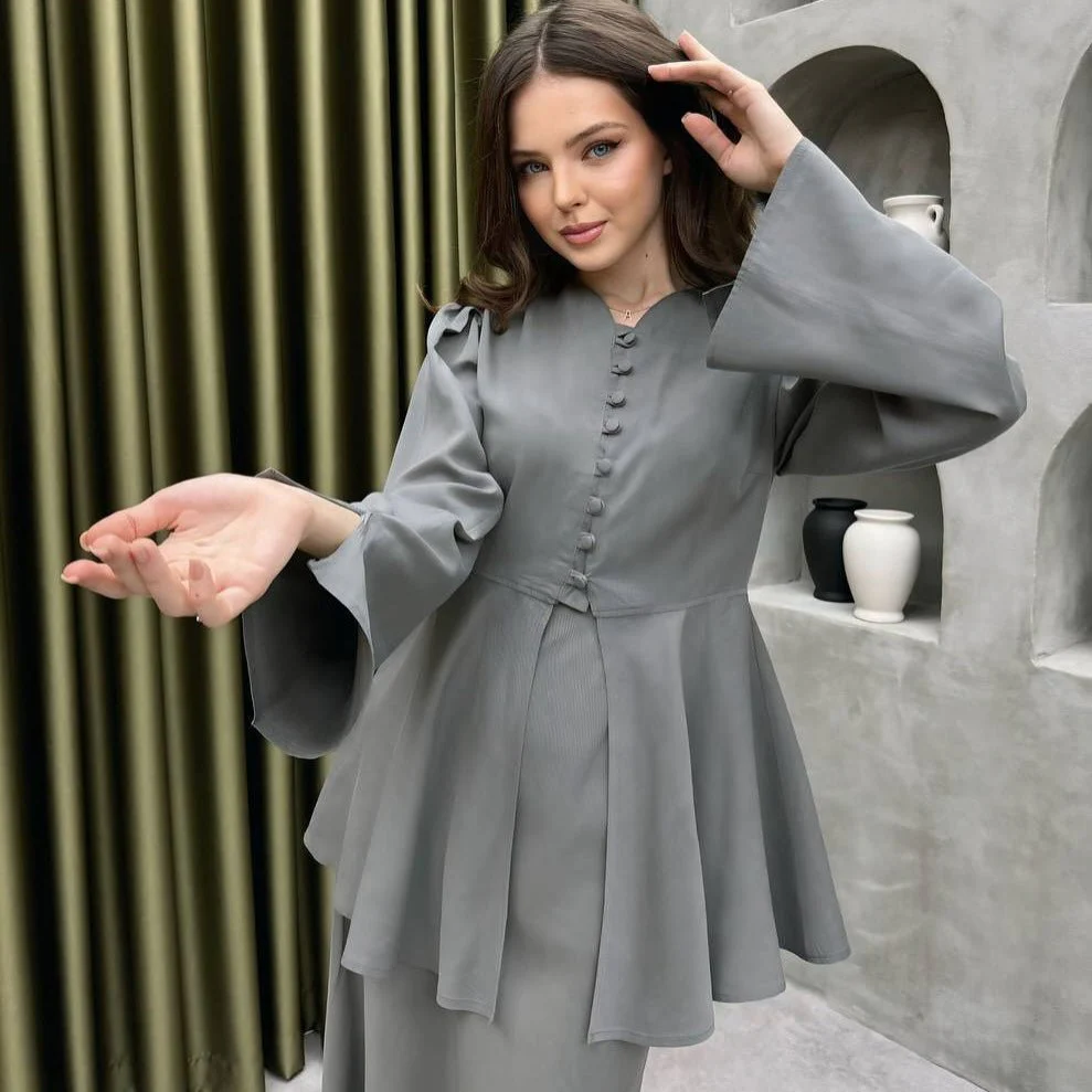 Satin Peplum Top & Skirt Set | Bell Sleeve Two-Piece Outfit(MS229) - Image 8