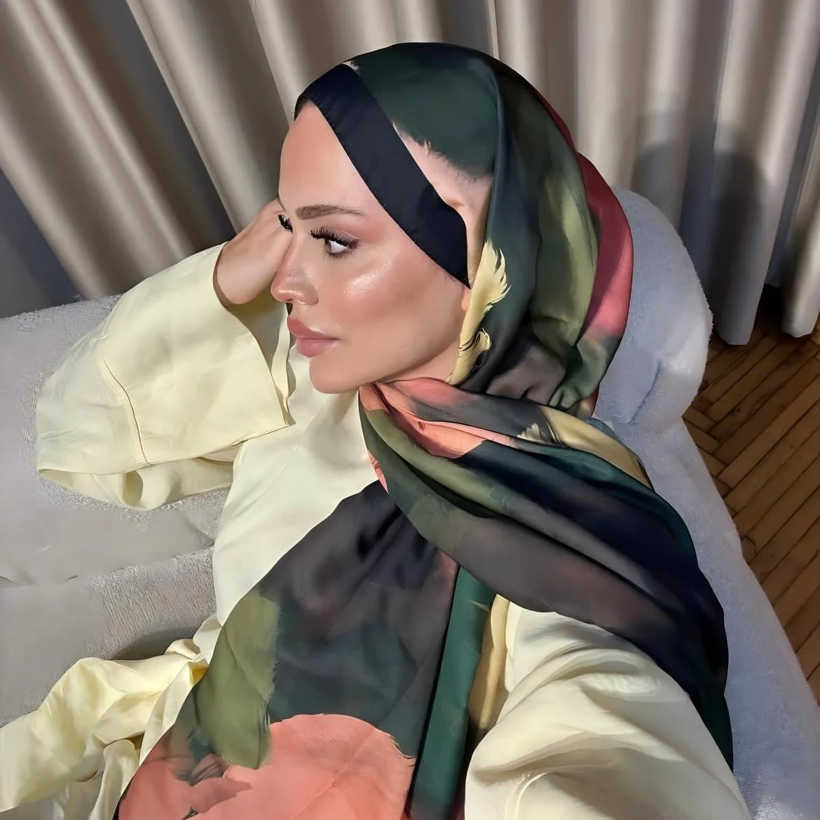 Satin Silk Printed Hijab Scarf | Printed Satin Hijab Scarf (MH217) - Image 2