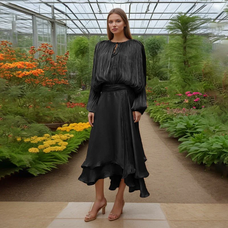 Satin Tie-Neck Blouson Dress(MS354) - Image 3