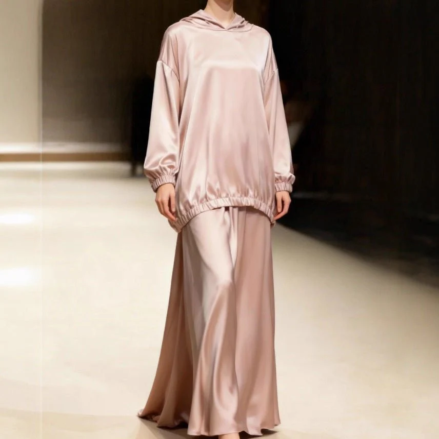 Satin Two-Piece Set with Hooded Top & Maxi Skirt(MS348)