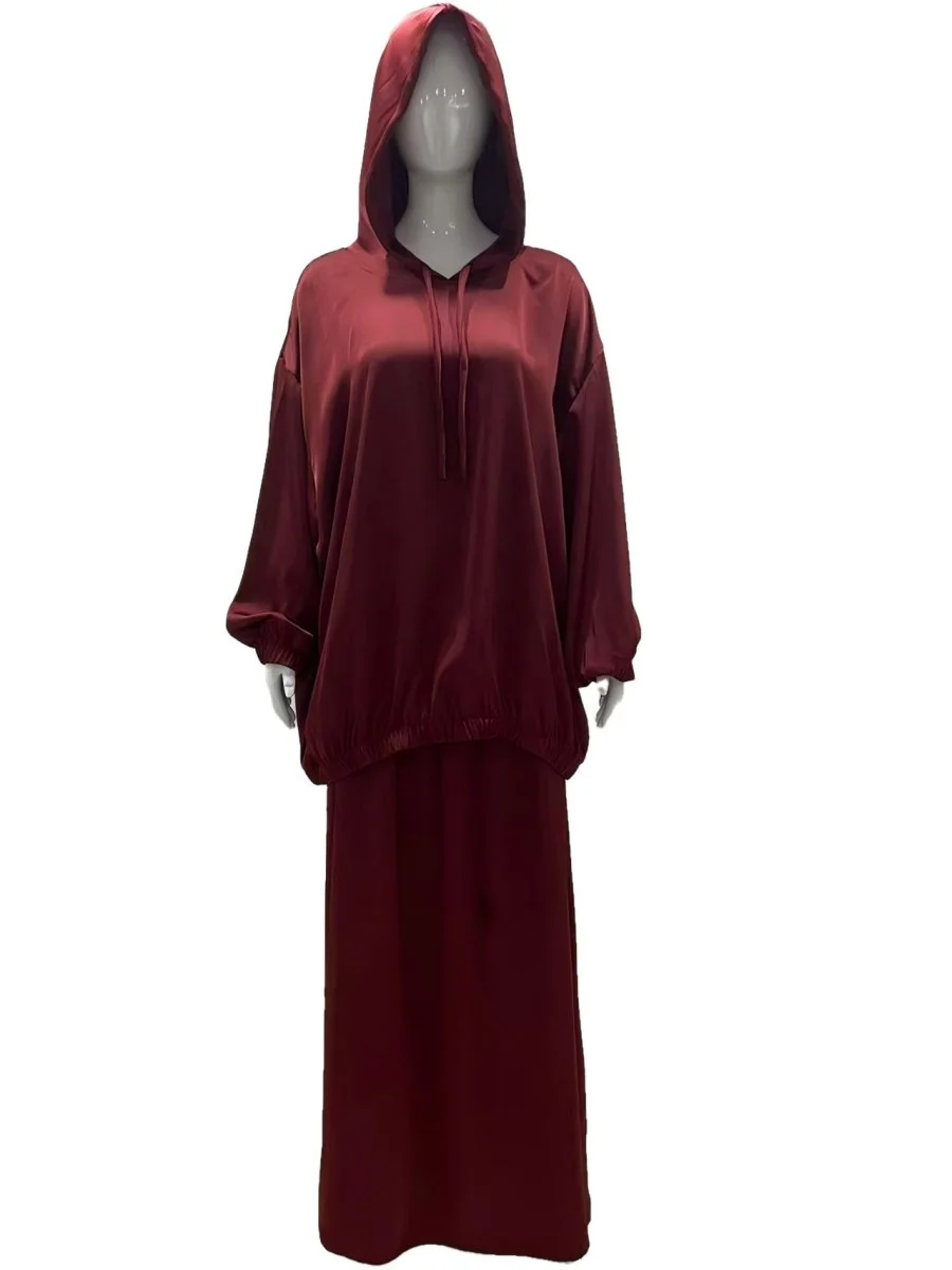 Satin Two-Piece Set with Hooded Top & Maxi Skirt(MS348) - Image 13