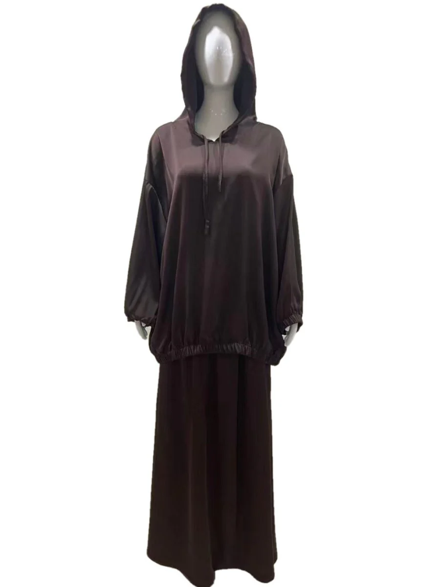 Satin Two-Piece Set with Hooded Top & Maxi Skirt(MS348) - Image 15