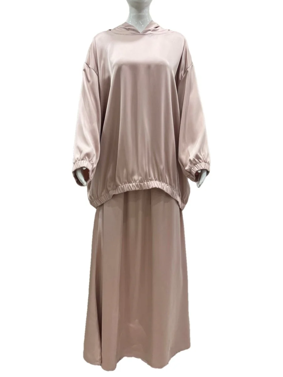 Satin Two-Piece Set with Hooded Top & Maxi Skirt(MS348) - Image 9