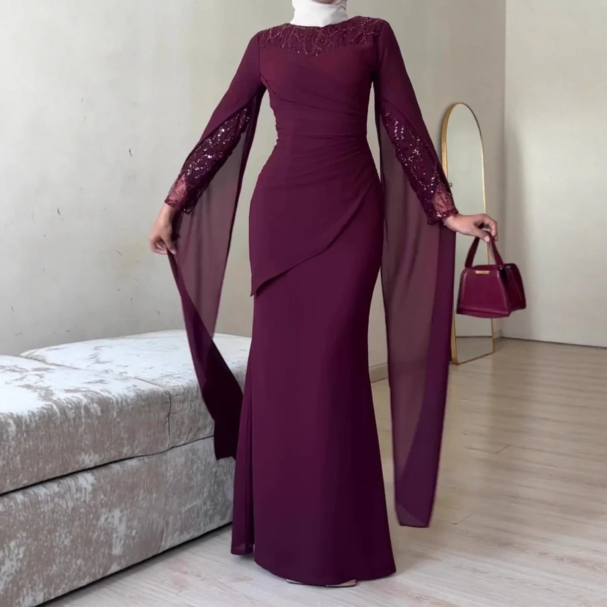 Sequin Embellished Formal Dress | Long Sleeve Ruched Bodycon Dress(MS272)