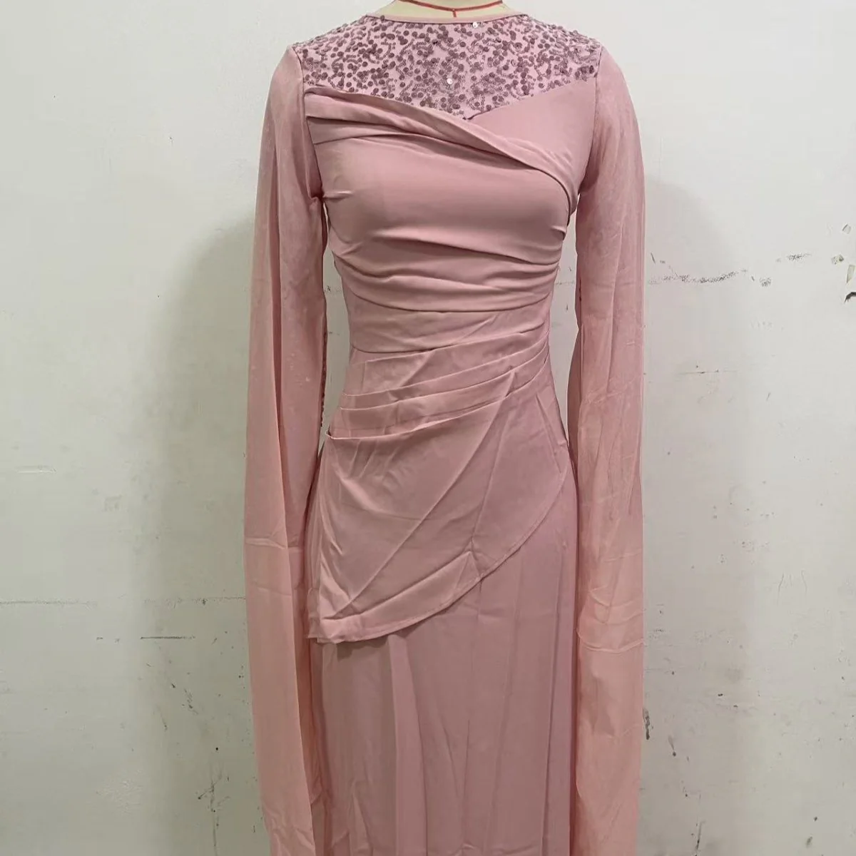 Sequin Embellished Formal Dress | Long Sleeve Ruched Bodycon Dress(MS272) - Image 10