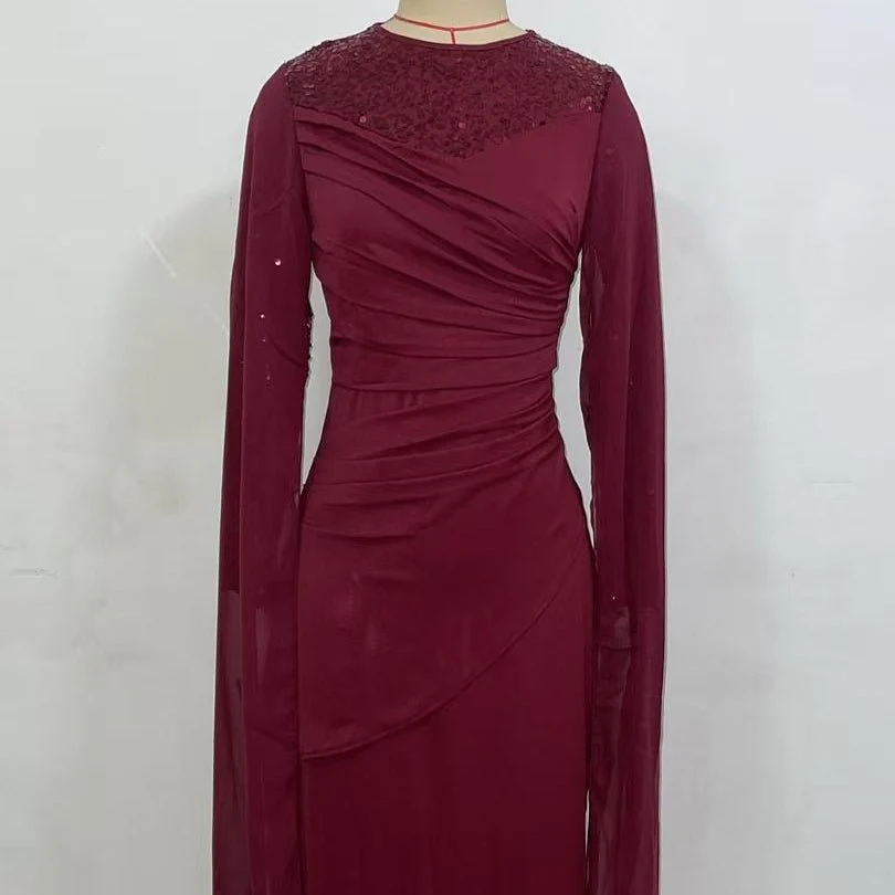 Sequin Embellished Formal Dress | Long Sleeve Ruched Bodycon Dress(MS272) - Image 14