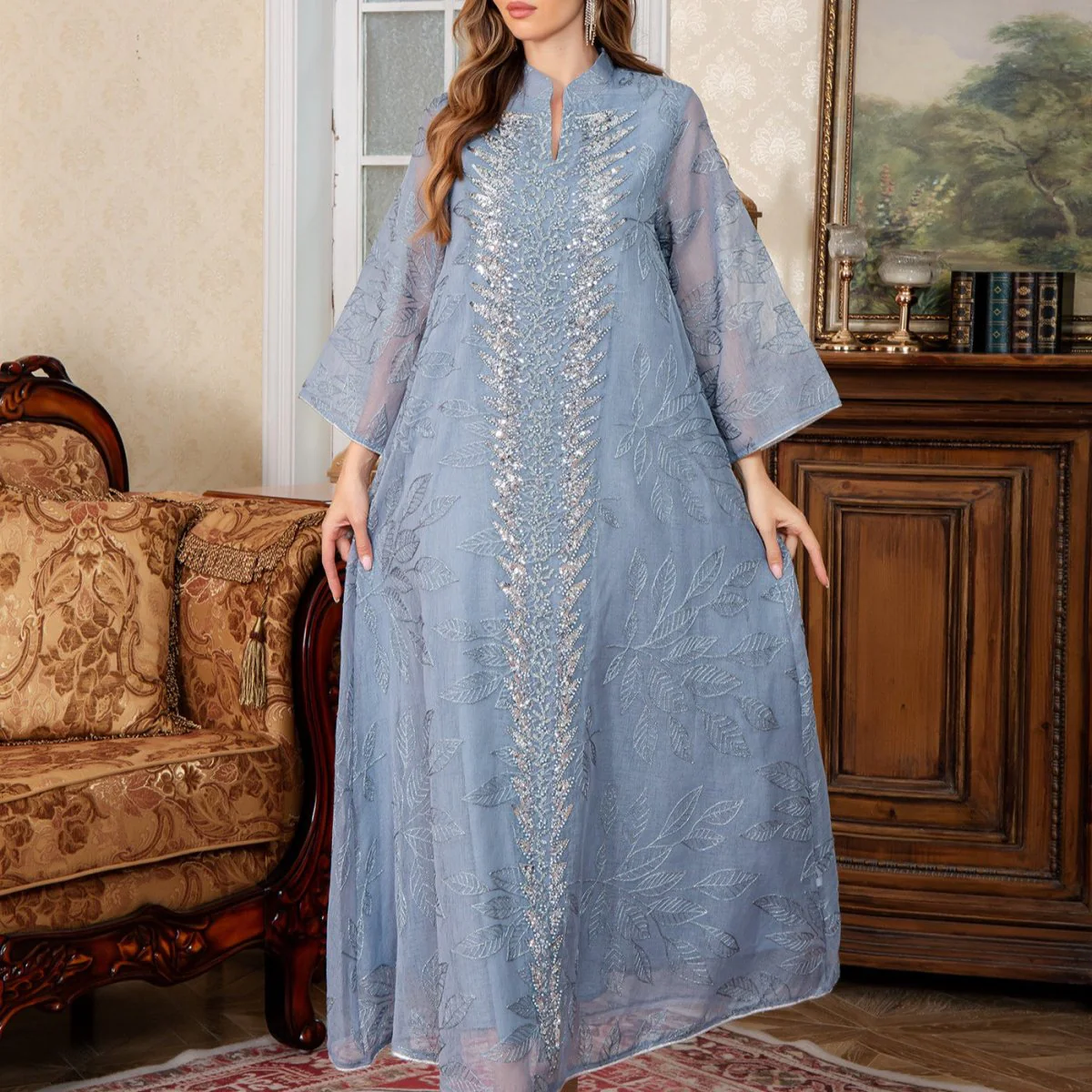 Sequin Embroidered Mesh Abaya (MA415) - Image 10
